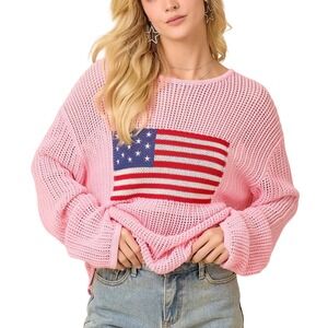American Flag Sweater Women L Pink Open Knit Patriotic Americana 4th of July NEW